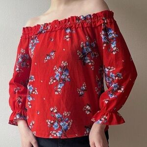 H&M Red Off-Shoulder Floral Blouse